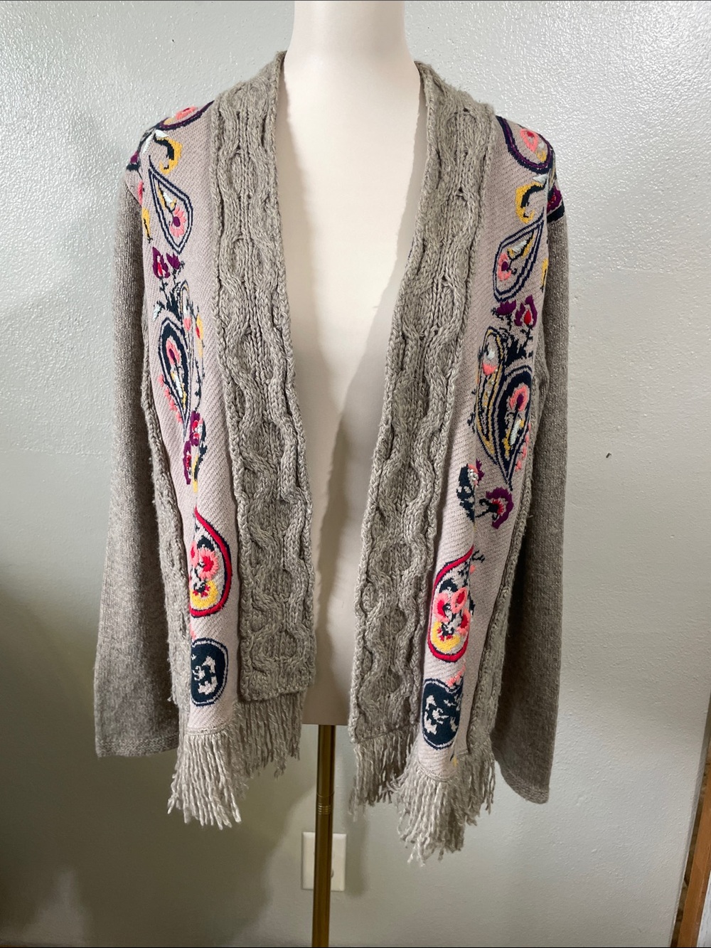 Sleeping On Snow Embroidered Fringe Open Cardigan Sweater Taupe Large Petit Cozy